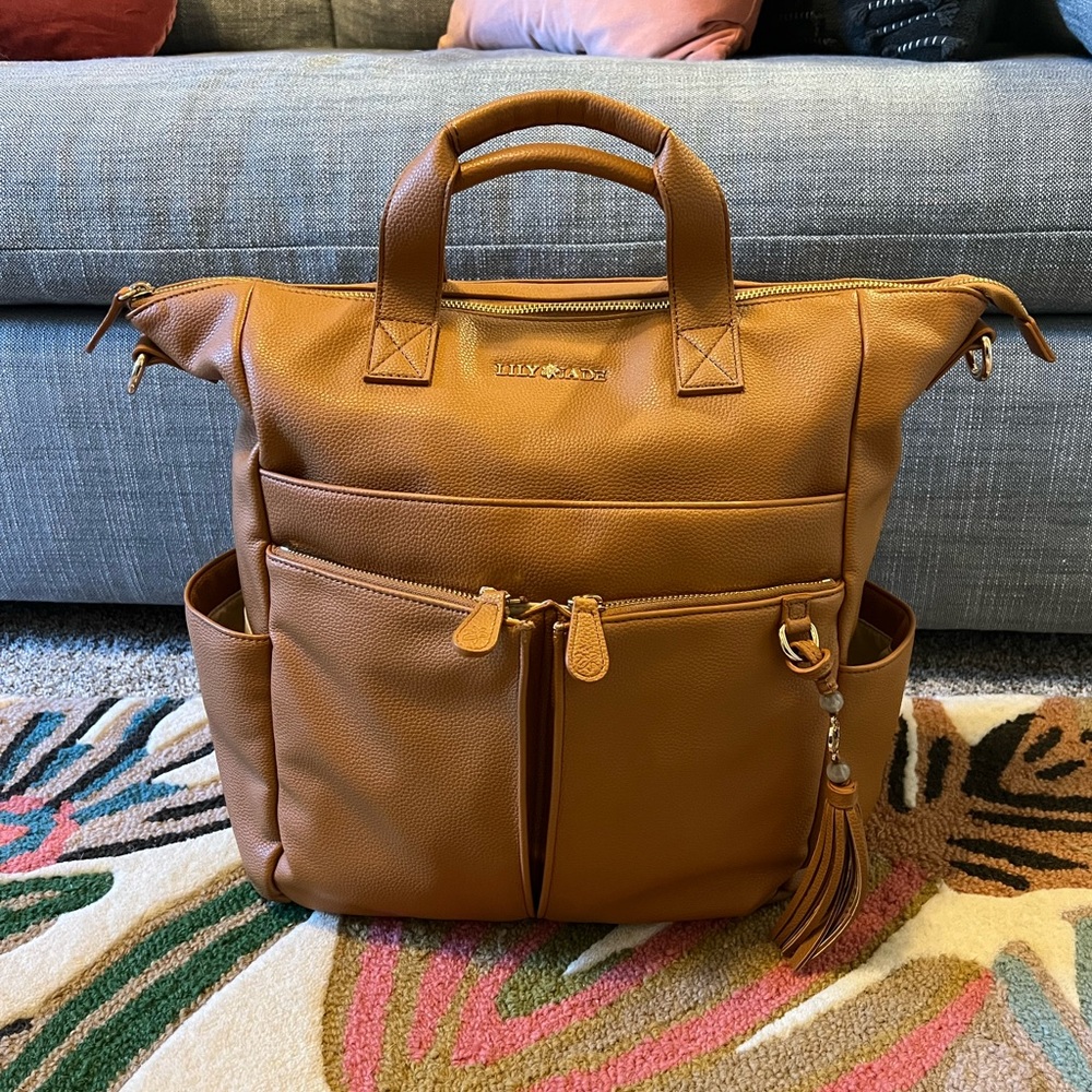 Lilyjade Caroline BackPack Diaper Bag, Camel Leather